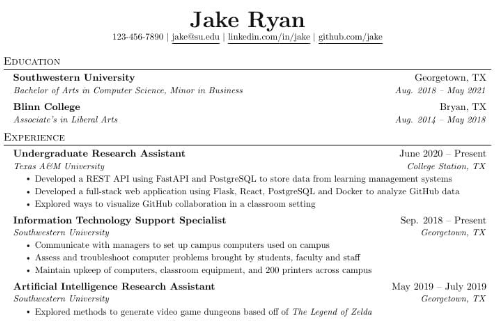 Jake's Resume, taken from Overleaf